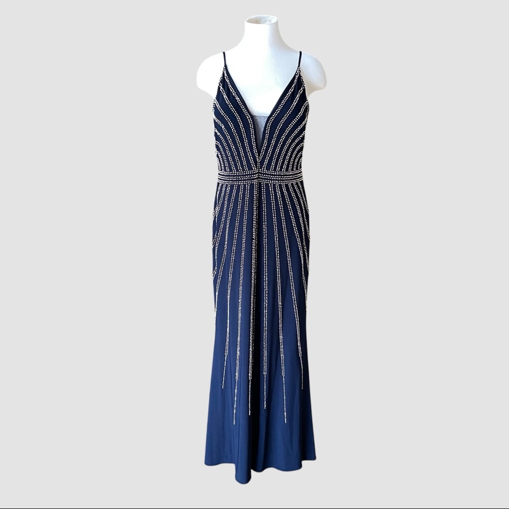 Xscape 12 Petite Maxi Dress Sleeveless Navy Gold Embellished